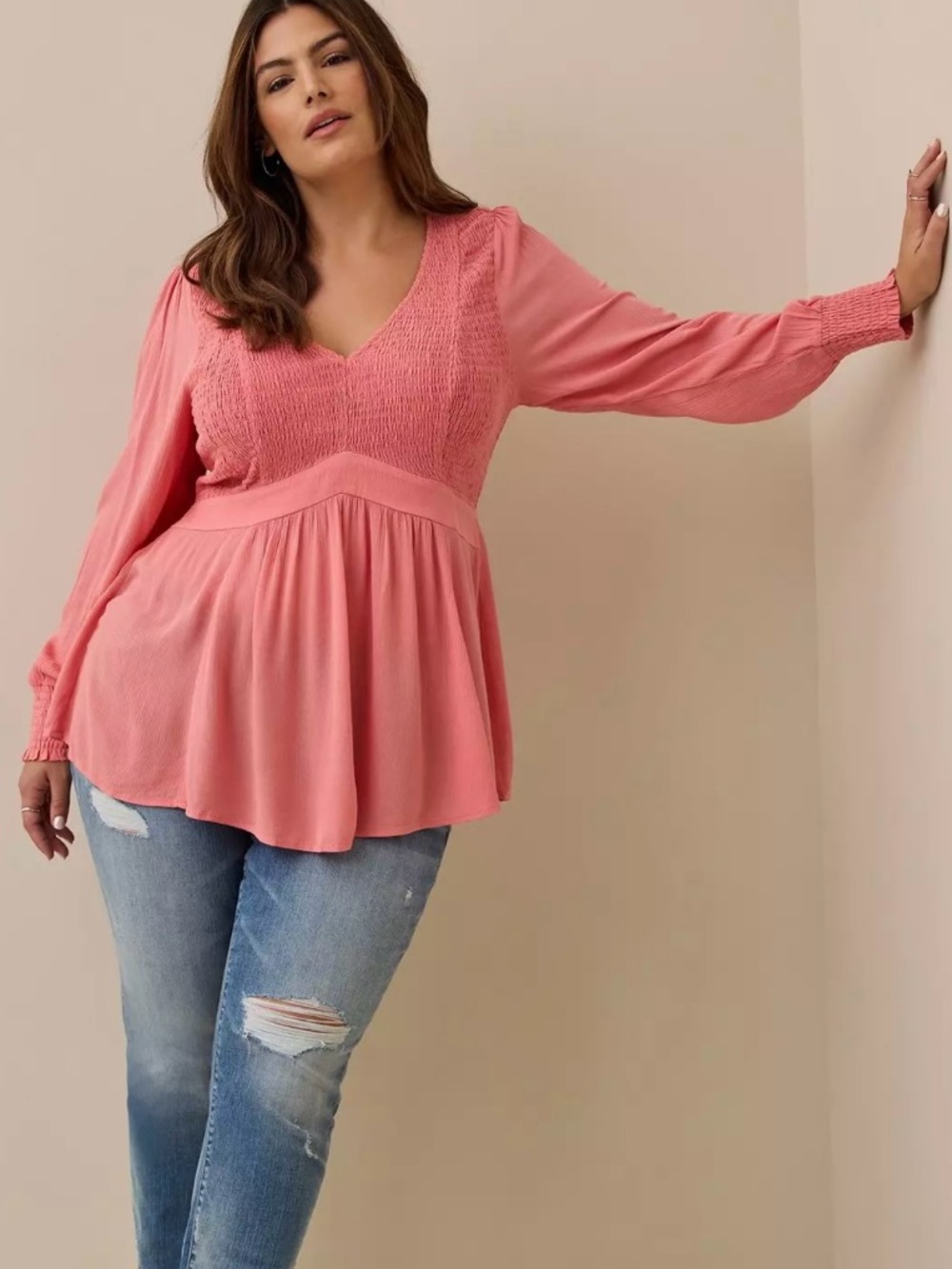 Torrid Pink Smocked Crinkle Gauze Babydoll Plunge Neck Coquette Boho Y2K Blouse